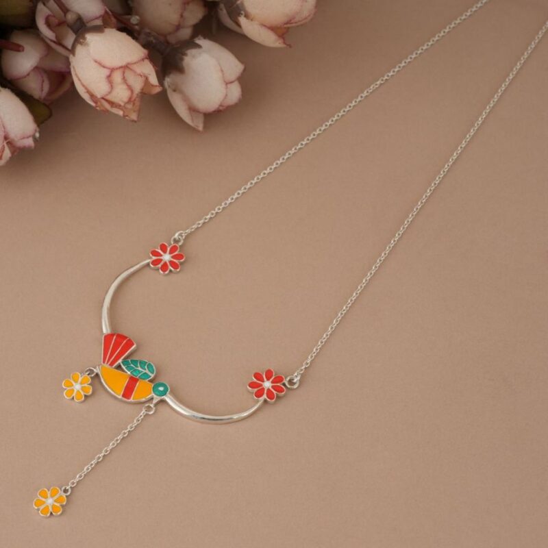 Bird 92.5 sterling silver necklace with multicolour enamel