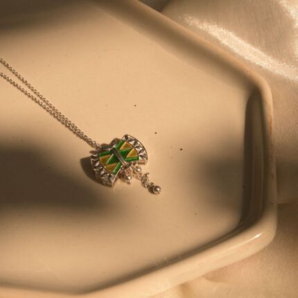 Damru 92.5 sterling silver pendant with green and yellow enamel