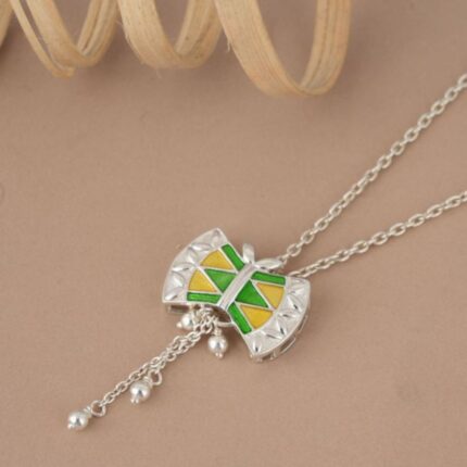 Damru 92.5 sterling silver pendant with green and yellow enamel