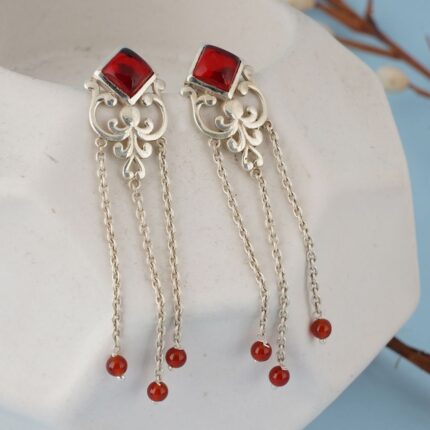 Red Filigree 92.5 sterling silver dangler earrings