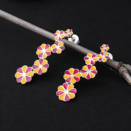 92.5 sterling silver zig zag flower earrings with pink yellow enamel