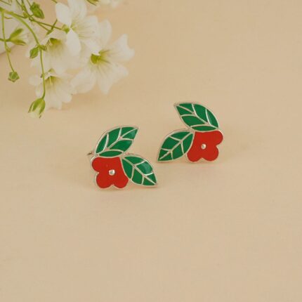 Flower leaf 92.5 sterling silver earrings with red green enamel