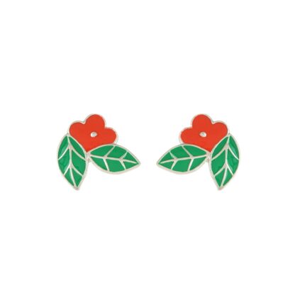 Flower leaf 92.5 sterling silver earrings with red green enamel