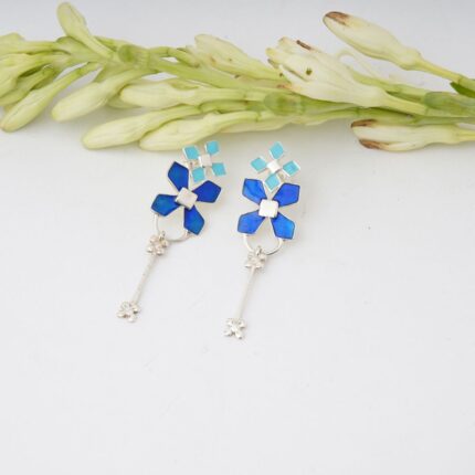 92.5 Sterling Silver Floral Dangler Earrings with blue enamel