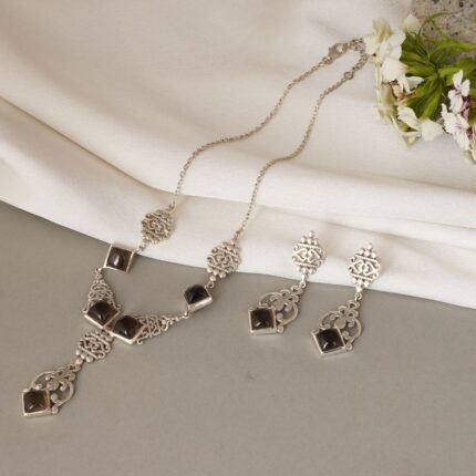 Filigree 92.5 sterling silver necklace earrings set with smoky quartz