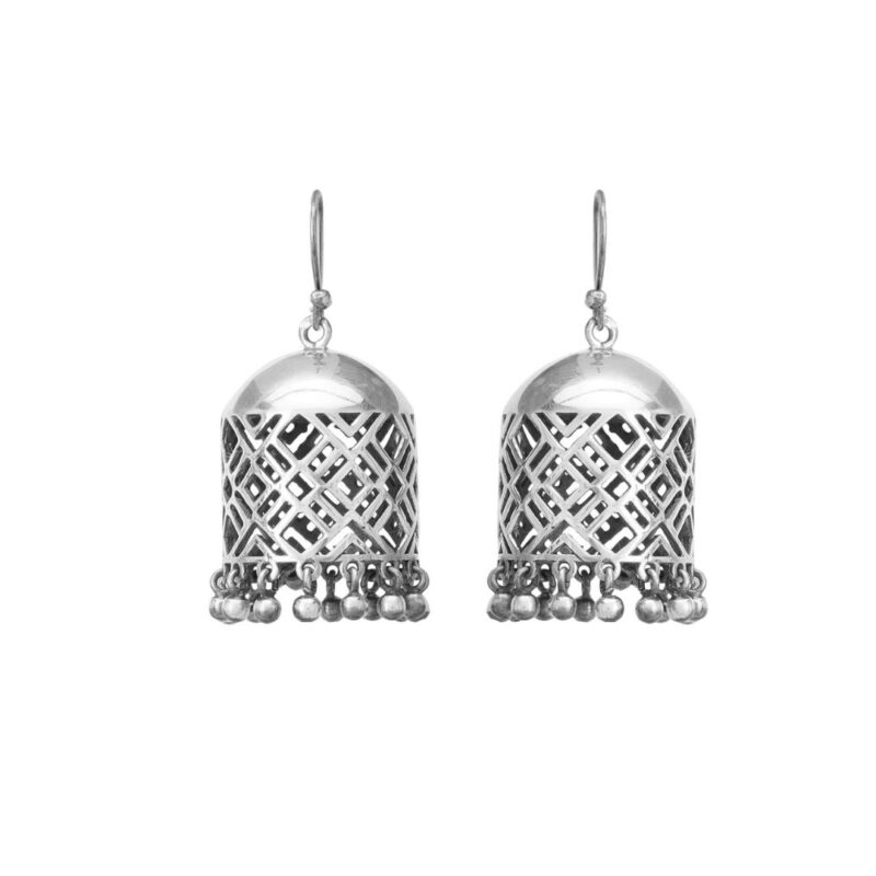 Criss cross cutwork92.5 sterling silver jhumkis with oxidized finish