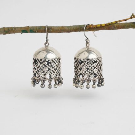 Criss cross cutwork92.5 sterling silver jhumkis with oxidized finish