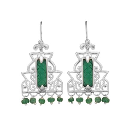 Bead embellished 92.5 sterling silver dangler earrings with carved green onyx