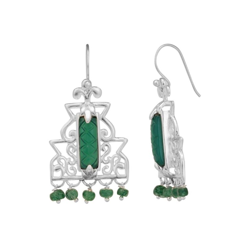 Bead embellished 92.5 sterling silver dangler earrings with carved green onyx