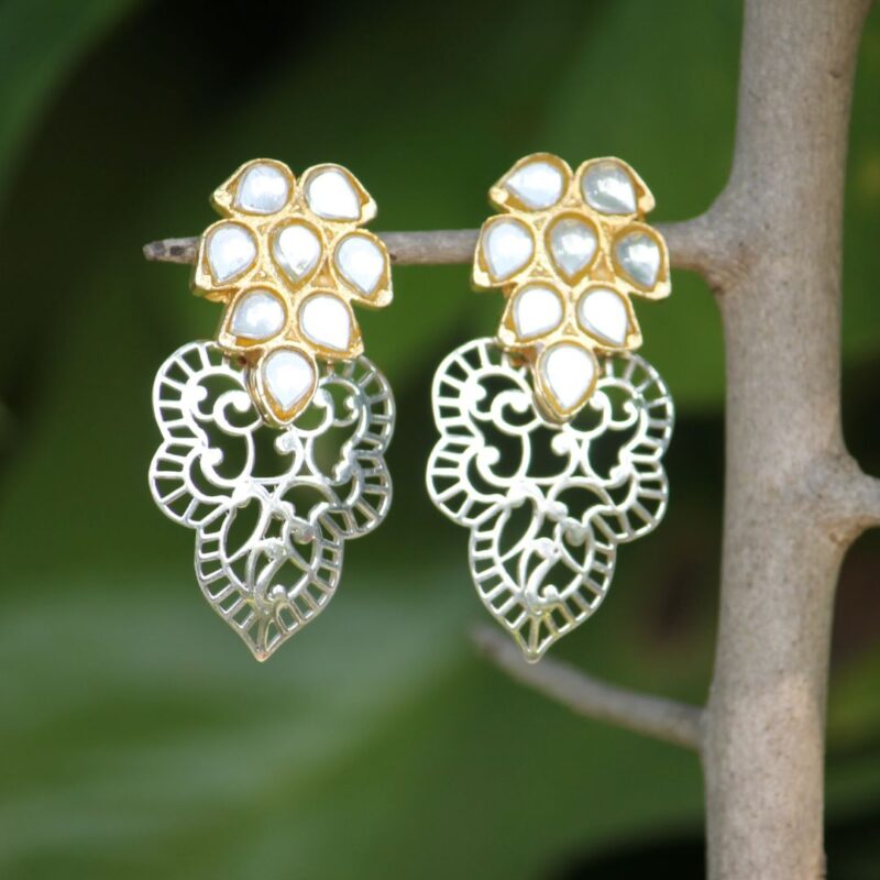 earrings with a fusion of brass kundan and 92.5 sterling silver jali inspired by Mehendi patterns