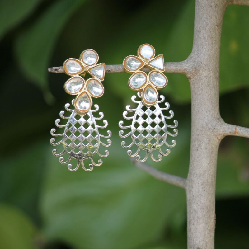 earrings with a fusion of brass kundan and 92.5 sterling silver jali inspired by Mehendi patterns