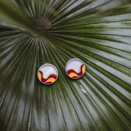 Ocean 92.5 sterling silver ear studs with red and yellow enamel and mother of pearl