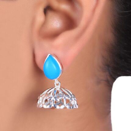 Turquoise blue 92.5 sterling silver leafy jhumkis