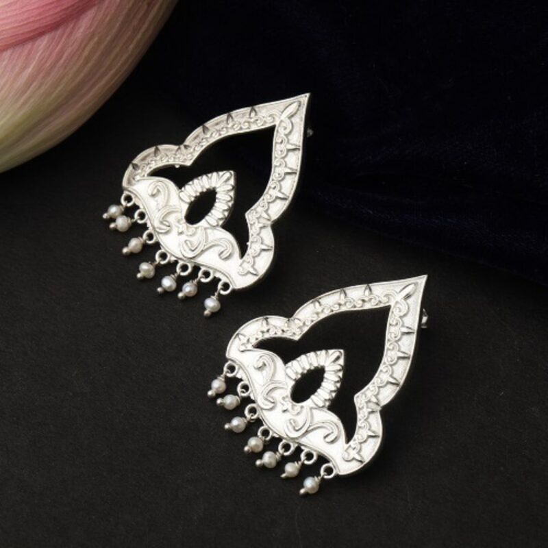 Bead Embellished 92.5 sterling silver mughal style earrings with arabic floral embossed patterns