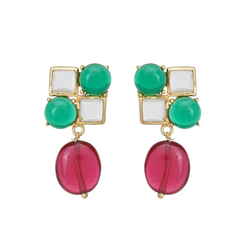 Gold plated 92.5 sterling silver red green square earrings with oval drop