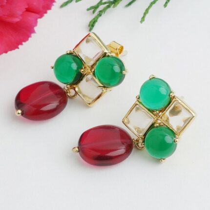 Gold plated 92.5 sterling silver red green square earrings with oval drop