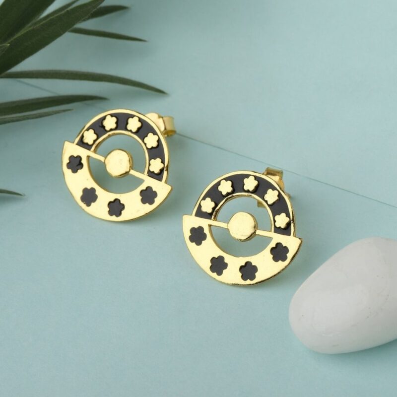 Gold Plated Black Round Floral 92.5 Sterling Silver Ear Studs