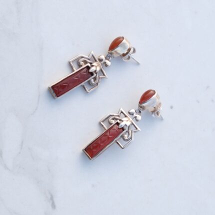 Red Rectangular Carved Drop 92.5 Sterling Silver Earrings