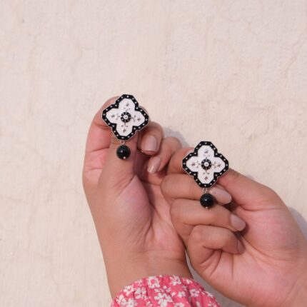 Black and White Geometrical Flower 92.5 Sterling Silver Earrings