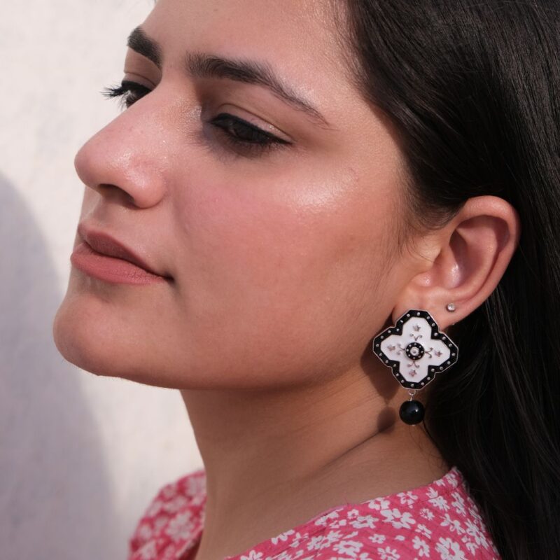 Black and White Geometrical Flower 92.5 Sterling Silver Earrings