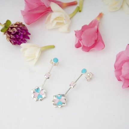 92.5 sterling silver linear geometrical flower earrings with enamel