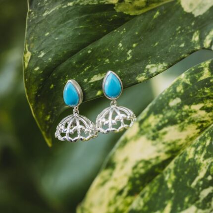 Turquoise blue 92.5 sterling silver leafy jhumkis