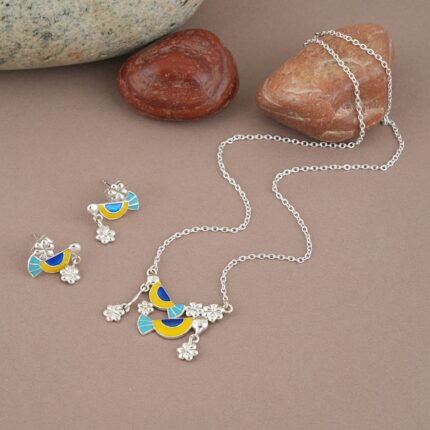 Chirp Charm 925 silver necklace earrings set with blue yellow enamel