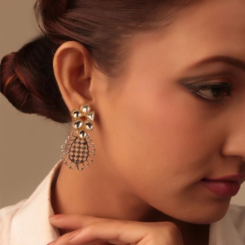 fusion of brass earrings with a fusion of brass kundan and 92.5 sterling silver jali inspired by Mehendi patterns