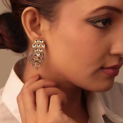 earrings with a fusion of brass kundan and 92.5 sterling silver jali inspired by Mehendi patterns