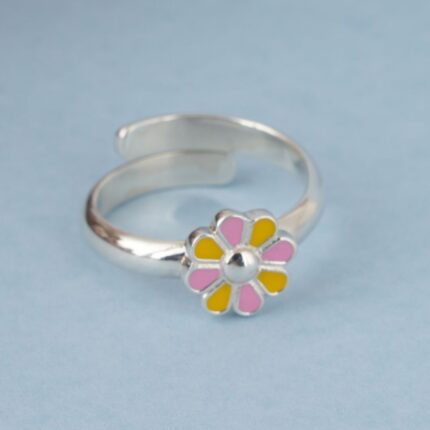 Tiny Flower 92.5 sterling silver ring with pink and yellow enamel