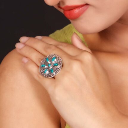 Turquoise blue flower 92.5 sterling silver ring