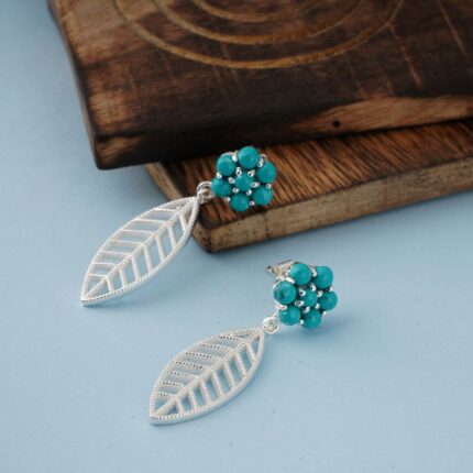 Turquoise Blue 92.5 sterling silver leaf earrings