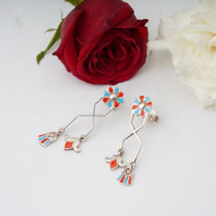 Dainty Egyptian Flower 92.5 Sterling Silver Earrings with enamel