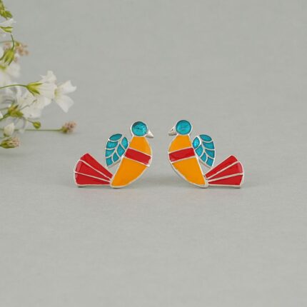 Bird 92.5 sterling silver ear studs with multi-colour enamel