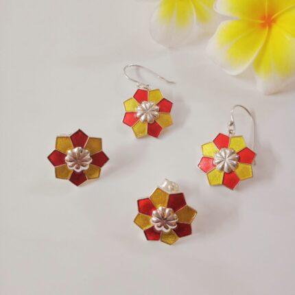 Red yellow 925 Silver rangoli Earrings