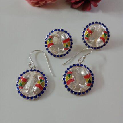 Double fish 92.5 sterling silver earrings with multicolour enamel