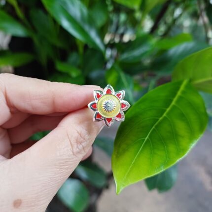 Flower 92.5 sterling silver ring with red yellow enamel