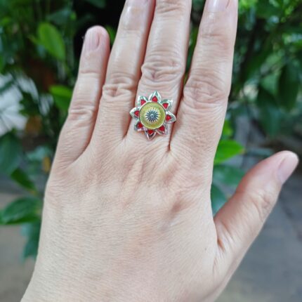 Flower 92.5 sterling silver ring with red yellow enamel