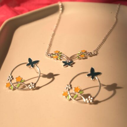 Butterfly 92.5 sterling silver necklace earrings set with green and yellow enamel