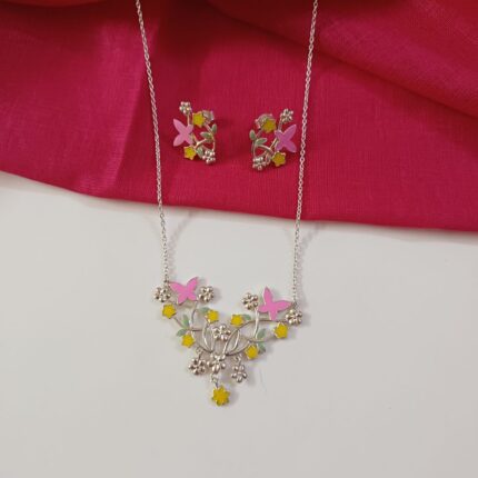 pink butterfly 92.5 sterling silver necklace earrings set