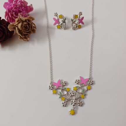 pink butterfly 92.5 sterling silver necklace earrings set