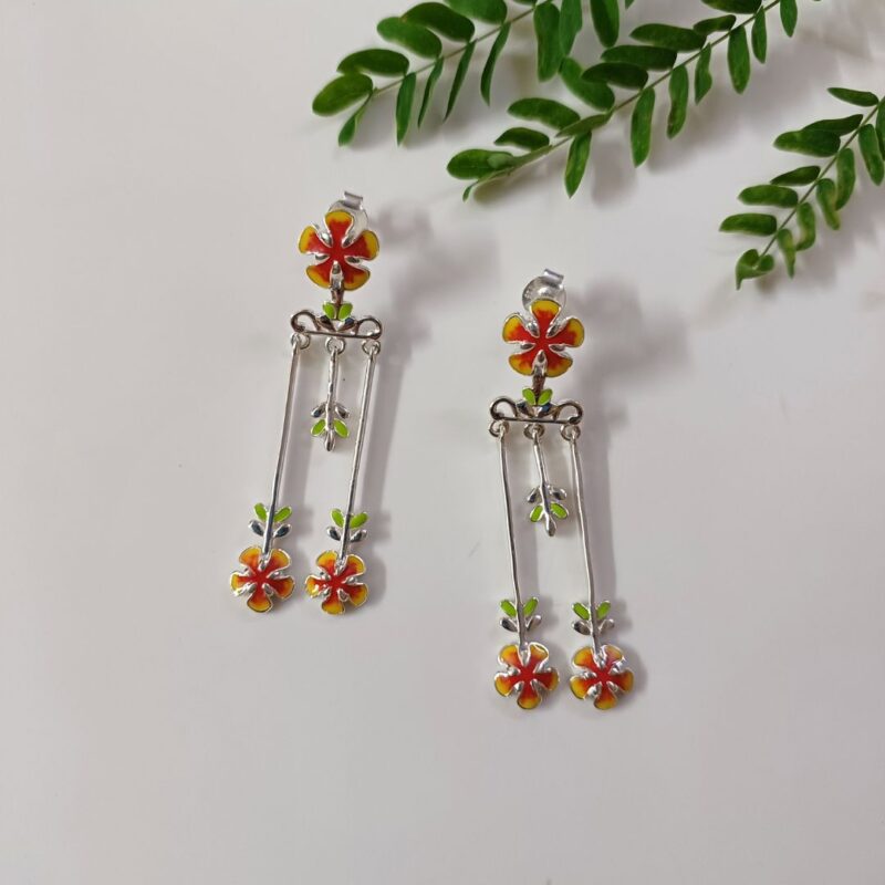 Gulmohar flower 92.5 sterling silver danglers with vibrant red yellow enamel