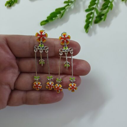 Gulmohar flower 92.5 sterling silver danglers with vibrant red yellow enamel