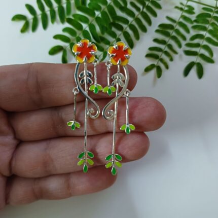 Gulmohar Flower 925 silver Delicate leaf dangle earrings