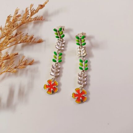 Layered Leaves 925 silver gulmohar flower dangler earrings